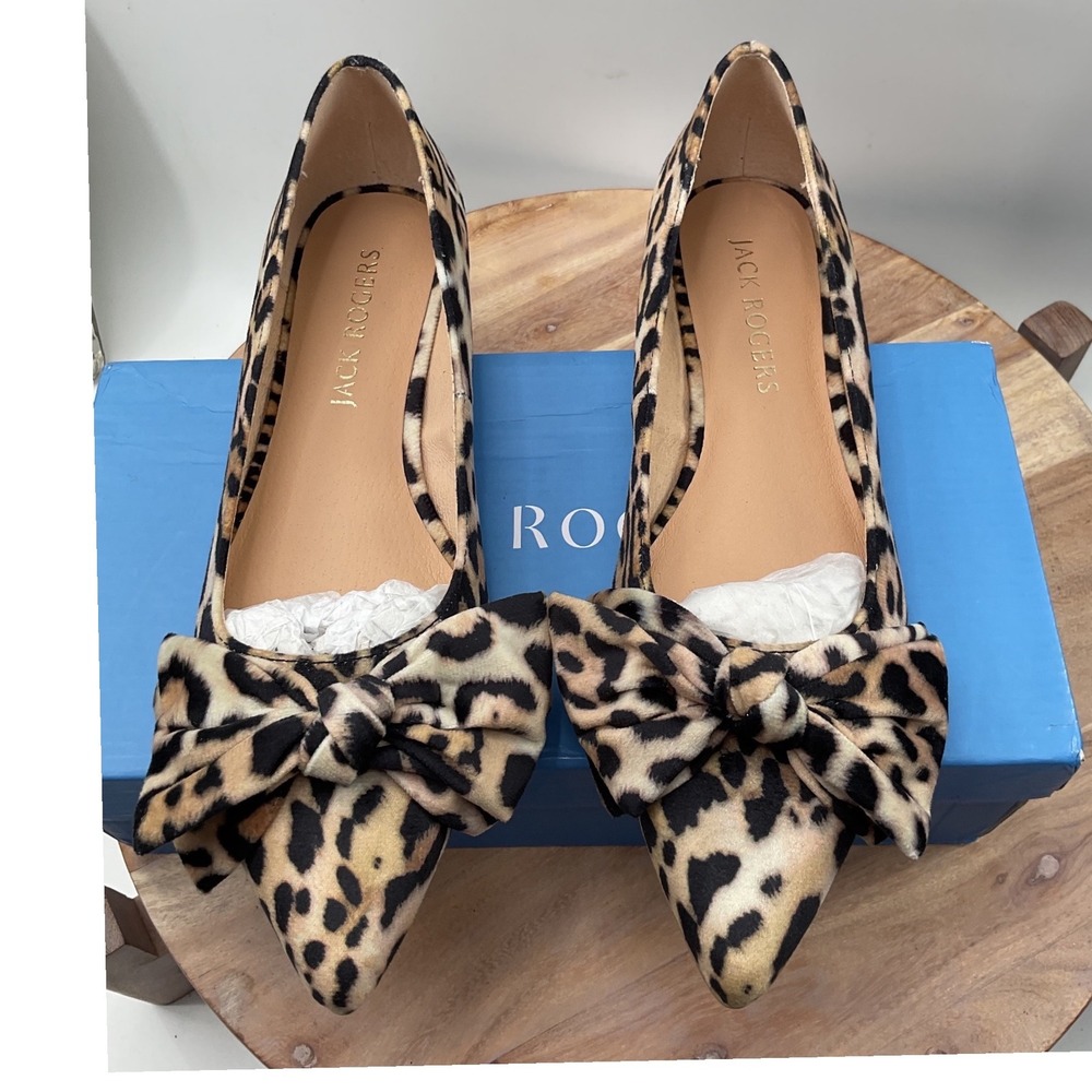 Jack Rogers Womens Leopard Print Velvet Pointed Toe Bow Flats Tan Black